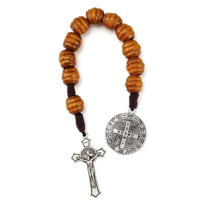8 Inch Wooden Pocket Rosary for Men, Rosario with Saint Benedict Medal - color: Silver