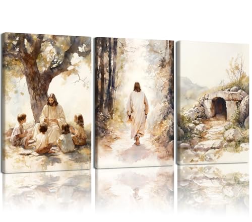 HCJWCXD Christian Wall Art Set of 3, Jesus Canvas Wall Decor 12x16 Inch - color: Beige-Brown-Green, size: 12x16 Inches