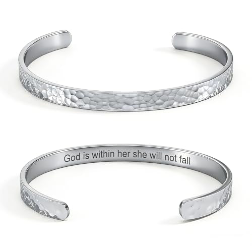Inspirational Bible Verse Cuff Bracelet for Women, 18K Gold Plated Hammered Bangle, Christian Faith Jewelry Gift, Adjustable Non Tarnish - color: God is within her she will not fall-Silver