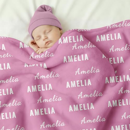 Ships Next Day, Personalized Baby Blanket with Name - Custom Newborn Hospital Swaddle Blanket, Super Soft Plush Flannel Baby Gift for Birth Announcement Shower Easter Gifts for Toddler Kids - color: Pink