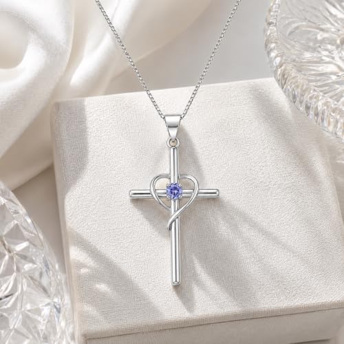 Cross Heart Necklace, 18K Gold Plated Crystal Pendant for Women - color: White-Tanzanite