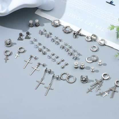 NEWITIN 24 Pairs Stainless Steel Earrings for Men Hypoallergenic Inlaid Cubic Zirconia Studs Hoop Earring Cross Dangle Earrings Unisex Punk Stud Earring for Women Men - color: Different Silver