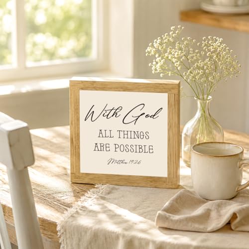 Christian Wood Decor, Inspirational Sign, With God Matthew 19:26 Quote, Rustic Wood Plaque For Office Bedroom Shelf Decor, Housewarming Gift, Holiday Gift, 5.9 x 5.9 in - color: Religion Sign 01