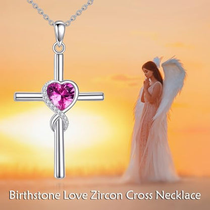S925 Sterling Silver Cross Necklace for Women Birthstone Necklace Heart Infinity Cross Pendant Necklace Christmas Valentines Day Gifts Birthday Holiday Gifts for Her, 18"+2" Inches - color: 10-October Birthstone - Tourmaline