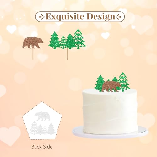 One Camping Bear Cake Topper, Camping Birthday Cake Decor, Green Glitter Lumberjack Cake Topper for Woodland Themed Baby Shower Party Decoration - style: Woodland Bear