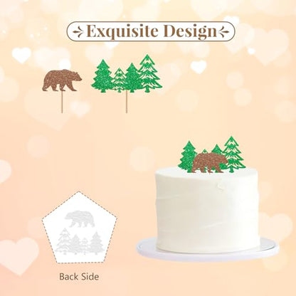 One Camping Bear Cake Topper, Camping Birthday Cake Decor, Green Glitter Lumberjack Cake Topper for Woodland Themed Baby Shower Party Decoration - style: Woodland Bear