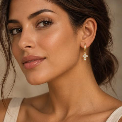 Dangle Earrings for Women, Dainty Huggie Hoop Dangle Earrings - color: Cross 01 Dangle Gold