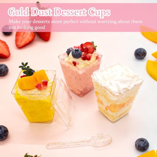 60 Pack (180 Pieces) Golden Glitter Dessert Cups with Lids and Spoons 5Oz Square Yogurt Parfait/Appetier Cups for Party, Plastic Dessert Shooter Cups for Ice Cream, Fruit, Jello and Pudding - size: 60 Cups+60 Lids+60 Spoons
