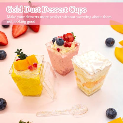 60 Pack (180 Pieces) Golden Glitter Dessert Cups with Lids and Spoons 5Oz Square Yogurt Parfait/Appetier Cups for Party, Plastic Dessert Shooter Cups for Ice Cream, Fruit, Jello and Pudding - size: 60 Cups+60 Lids+60 Spoons