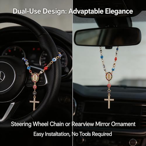 Evil Eye Steering Wheel Rosary Charm Accessory, Virgin Mary Cross Pendant, Steering Wheel Chain, Rearview Mirror Hanging Ornament, Car Rosary for Automotive Protection Charm Decor (Eye) - color: Eye