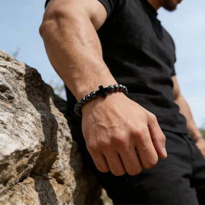 Gifts for Men Bracelets Triple Protection Cross Bracelet 8mm Black Obsidian Hematite Tiger Eye Beaded Natural Stone Bracelets Birthday Jewelry Gifts Cross Christian Gift for Him Husband Son - color: 3--Hematite
