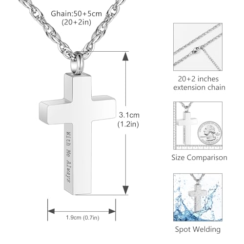 Cremation Cross Necklace for Ashes Stainless Steel Cross Urn Pendant Ashes Holder Memorial Jewelry-With Me Always - style: With Me Always-Silver-Gift Box