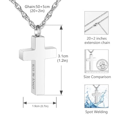Cremation Cross Necklace for Ashes Stainless Steel Cross Urn Pendant Ashes Holder Memorial Jewelry-With Me Always - style: With Me Always-Silver-Gift Box