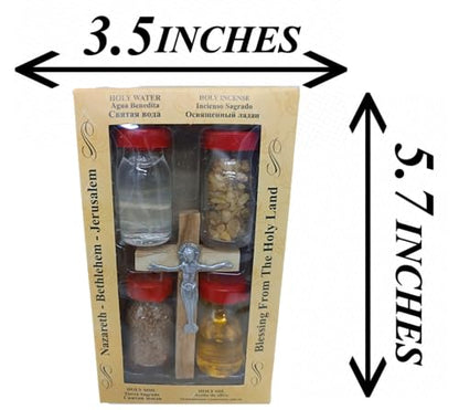 Zuluf Holy Land Set 5 in 1 Olive Wood Cross Set with 4 Bottles - Oil, Jordan Water, Holy Earth and Incense from Jerusalem | Catholic Orthodox Blessing Set from Israel | Religious Israel Gift HLG005