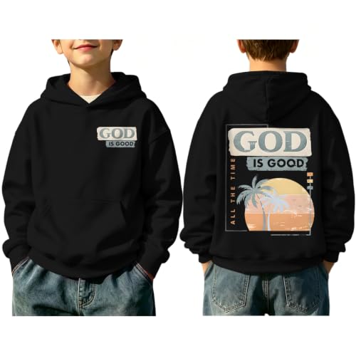 Fkatuzi Christian Graphic Hoodies For Boys Jesus God Is Good Hoodie Kids Faith Verse Bible God Religious Beach Pullover Tops - color: Black, size: 5-6 Years