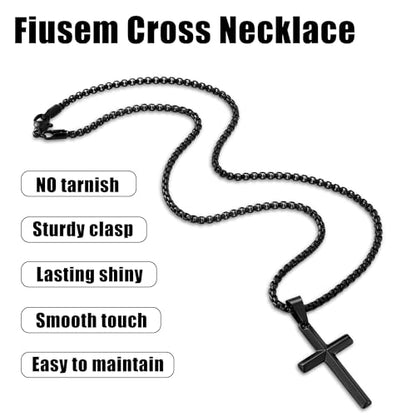 Fiusem Beveled Edge Cross Necklace for Men - size: 18 inches, style: Black cross: 1.4*0.8"