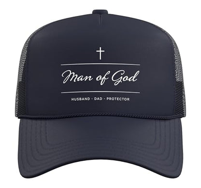 Father's Day Husband Dad Protector Christian Dad Man of God Trucker Hat with Adjustable Mesh Back - color: Navy Blue