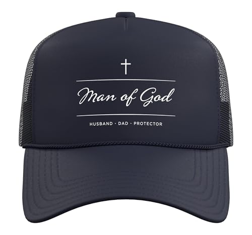 Father's Day Husband Dad Protector Christian Dad Man of God Trucker Hat with Adjustable Mesh Back - color: Navy Blue