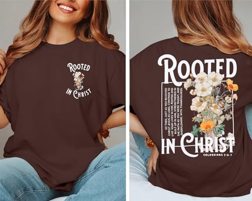 Rooted in Christ Shirt Christian Shirts for Women Jesus Oversized Tshirt - color: Brown, size: XX-Large
