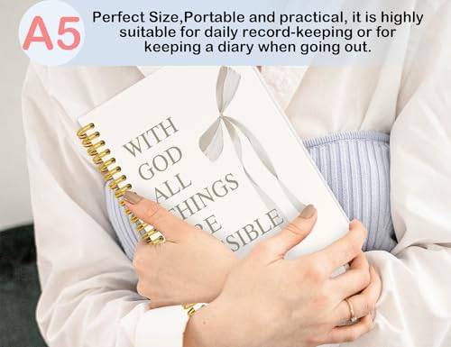White Bible Journal for Women, A5 Spiral Christian Notebook & Study Supplies, Cute Hardcover Coquette Bow Diary with Scripture Matthew 19:26 for Church Notes, Prayer & Teen Girls, 5.5 x 8.3 Inch - color: (White) Matthew 19:26