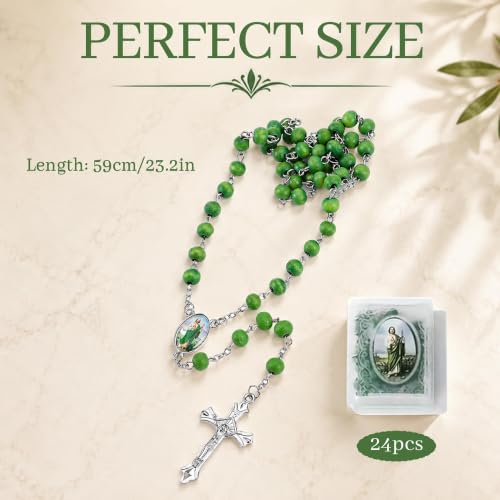 24 Pcs St Jude Rosary Beads Bulk, Saint Jude Green Rosary Necklace Our Lady of Grace Party Favor Catholic Gift with Box for Guests, Rosarios Catolicos for First Communion Party