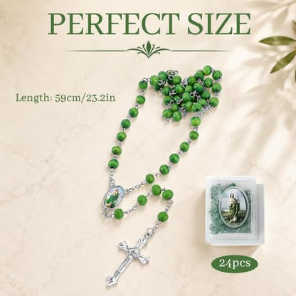 24 Pcs St Jude Rosary Beads Bulk, Saint Jude Green Rosary Necklace Our Lady of Grace Party Favor Catholic Gift with Box for Guests, Rosarios Catolicos for First Communion Party