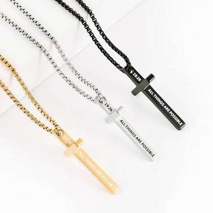 Fiusem Cross Necklace for Men, Stainless Steel Cross Pendant STXL023 - color: Silver, size: 22", style: MATTHEW 19:26