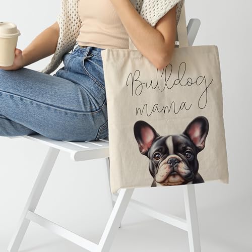 Dog Mom Canvas Tote Bag for Women, Reusable Cotton Shoulder Bag, Dog Lover Gift, Mother’s Day Pet Mom Shopping Tote - color: Bulldog