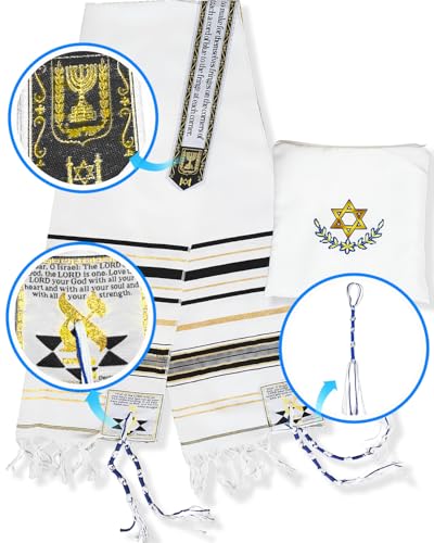 Tallit Prayer Shawl 72"x 22" with Bag & Pre-Attached Tzitzits For Men & Women, Tallit Torah-Inspired Design - color: Black