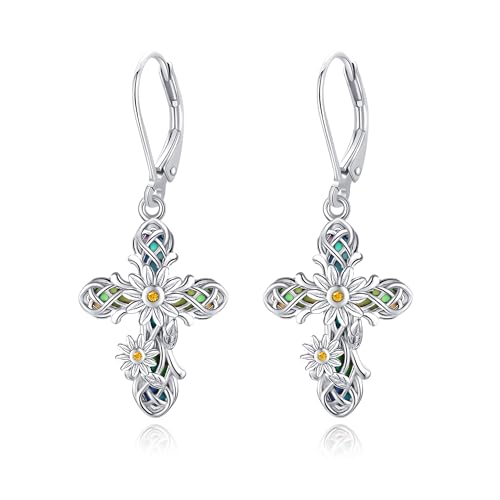 ONEFINITY Cross Earrings 925 Sterling Silver Sunflower Cross Dangle Earrings Religious Jewelry Gifts for Women
