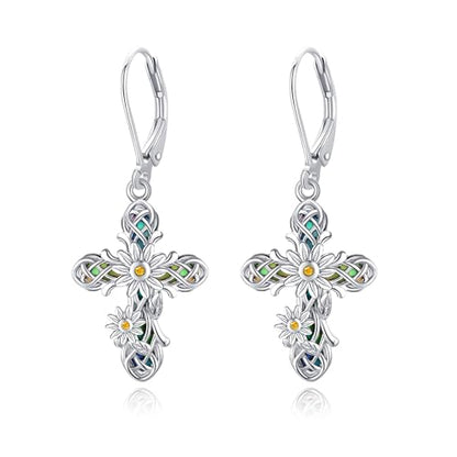 ONEFINITY Cross Earrings 925 Sterling Silver Sunflower Cross Dangle Earrings Religious Jewelry Gifts for Women