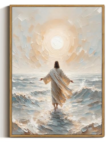 Jesus Walking on Water Sunlight Framed Canvas Wall Art 12x16 inch - color: Sunlight, size: 12"x16" Natural