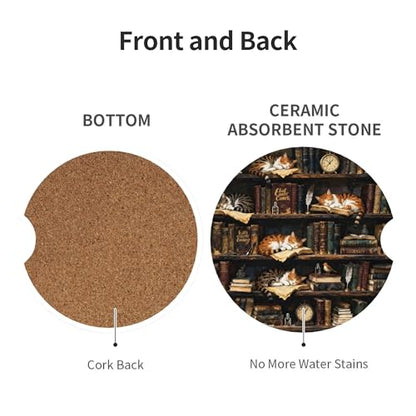 Cat Library Bookshelf Car Cup Holder Coasters 2 Pack 2.63" for Women - color: Beige