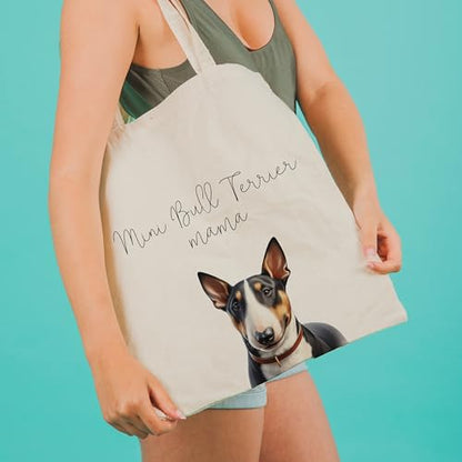 Dog Mom Canvas Tote Bag for Women, Reusable Cotton Shoulder Bag, Dog Lover Gift, Mother’s Day Pet Mom Shopping Tote - color: Mini Bull Terrier