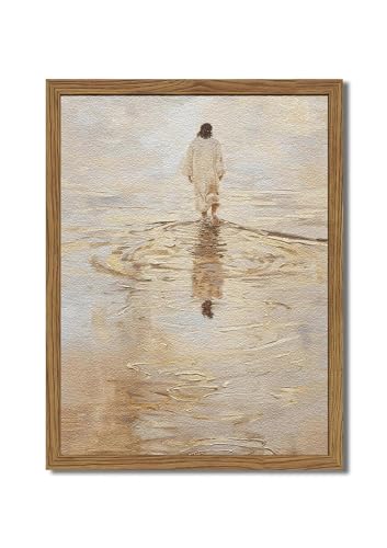 Hwetui Framed 3D Textured Christian Wall Art,Jesus Walking on Water Painting,Hand-Drawn Sandstone Picture,I Will Walk with Christ Religious Home Decor for Living Room Bedroom Church Prayer Room16x24in - color: Beige, size: 24"L x 16"W