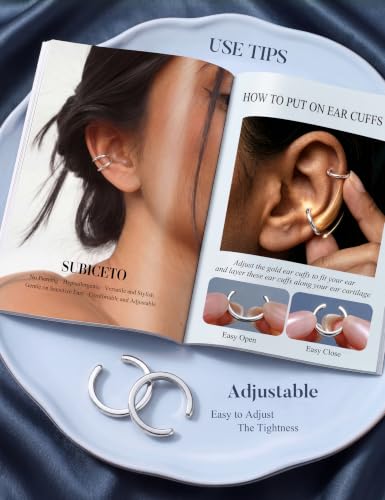Subiceto 925 Sterling Silver Ear Cuffs Non Piercing - Adjustable Hypoallergenic 14K Gold Plated Clip On Earrings for Women Cubic Zirconia Silver Ear Cuff Helix Cartilage Fake Piercing - color: 05 Simple Silver Tone