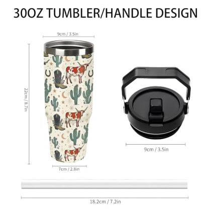 30 oz Cow Print Western Tumbler with Handle and Straw, Stainless Steel Vacuum Insulated Travel Mug, Water Bottle, Western Travel Mug,Cow Coffee Mugs for Women - color: cow travel mug