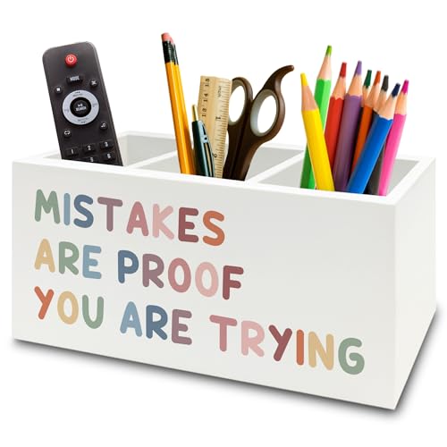 Boho Inspirational Pen Pencil Holder Organizer for Desk, Positive Inspirational Gifts, Mistakes are Proof You are Trying Motivational Wooden Box Sign for Classroom Desk Tabletop Decorations - color: colour29