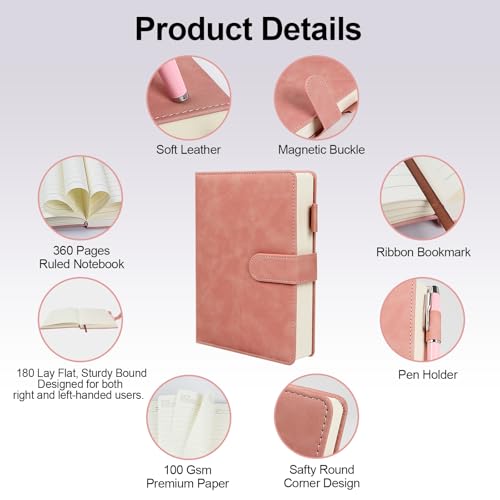 A5 Leather Journal for Women Men, Hardcover Notebook Set with Pen, Pink - color: Pink