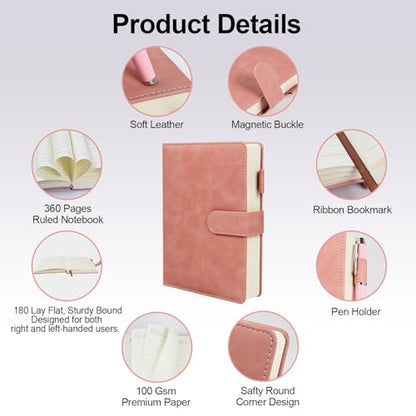 A5 Leather Journal for Women Men, Hardcover Notebook Set with Pen, Pink - color: Pink