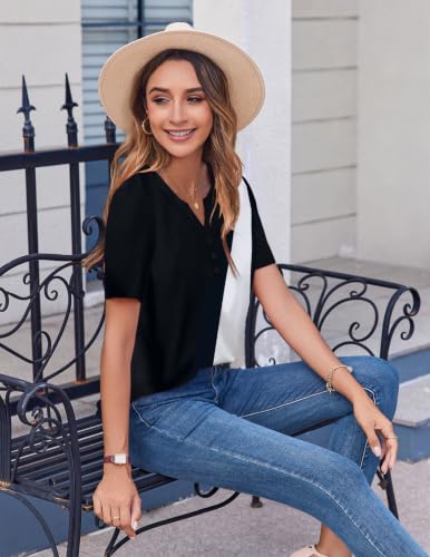 Zeagoo Womens Summer Tops Casual Short Sleeve V Neck T Shirts Dressy Blouse - color: Black White-jh540, size: Medium