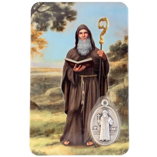 Holy Prayer Card with Built-In Medal Pendant | Laminated Full-Color Prayer Card | Great Variety | Great Christian Gift for First Communion and Confirmation (Saint Benedict Prayer Card with Medal) - color: Saint Benedict Prayer Card with Medal
