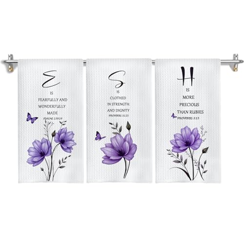 Purple Floral Christian Kitchen Towels, Inspirational Bible Verses Hand Towels for Bathroom Decor, Christian Gifts for Women, Religious Decor Dish Tea Towels for Kitchen, 16x24 Inch Set of 3 - color: Purple