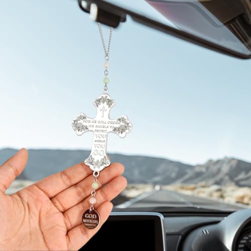 Cross Car Mirror Hanging Christian Gifts for Men Women, Metal Daily Bible Verse Car Rearview Decor Accessories, Christ Ornament Religious Gift for Truck Driver