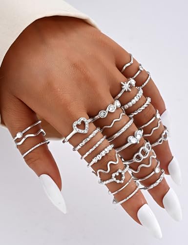 Gold Stackable Rings Set for Women, Gold Plated Chunky Crystal Finger Rings - color: Silver Thin Rings