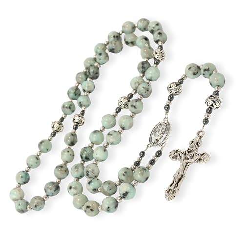 Nazareth Store Genuine Rosary Stone Beads Necklace Metal Beaded Glory Beads Miraculous Medal & Silver Cross Crucifix For Men and Womens - color: Dalmation Jasper