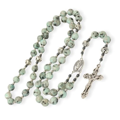 Nazareth Store Genuine Rosary Stone Beads Necklace Metal Beaded Glory Beads Miraculous Medal & Silver Cross Crucifix For Men and Womens - color: Dalmation Jasper