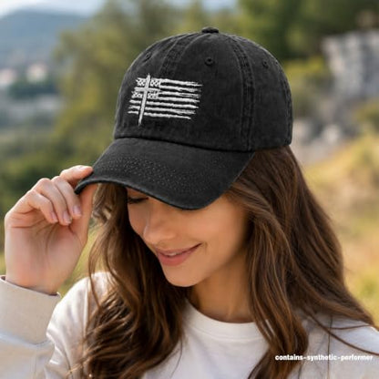 Christian Hats for Men Cross America Flag Washed Baseball Cap