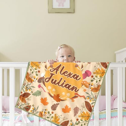 Custom Fall Blanket Autumn with Name Soft Cozy Harvest Blanket for Boys Girls Kids Adults Personalized Text Leaves Mushroom Yellow Halloween Christmas Birthday Gifts - color: Autumu-04