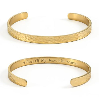 Inspirational Bible Verse Cuff Bracelet for Women, 18K Gold Plated Hammered Bangle, Christian Faith Jewelry Gift, Adjustable Non Tarnish - color: A piece of my heart is in heaven-Hammered Gold